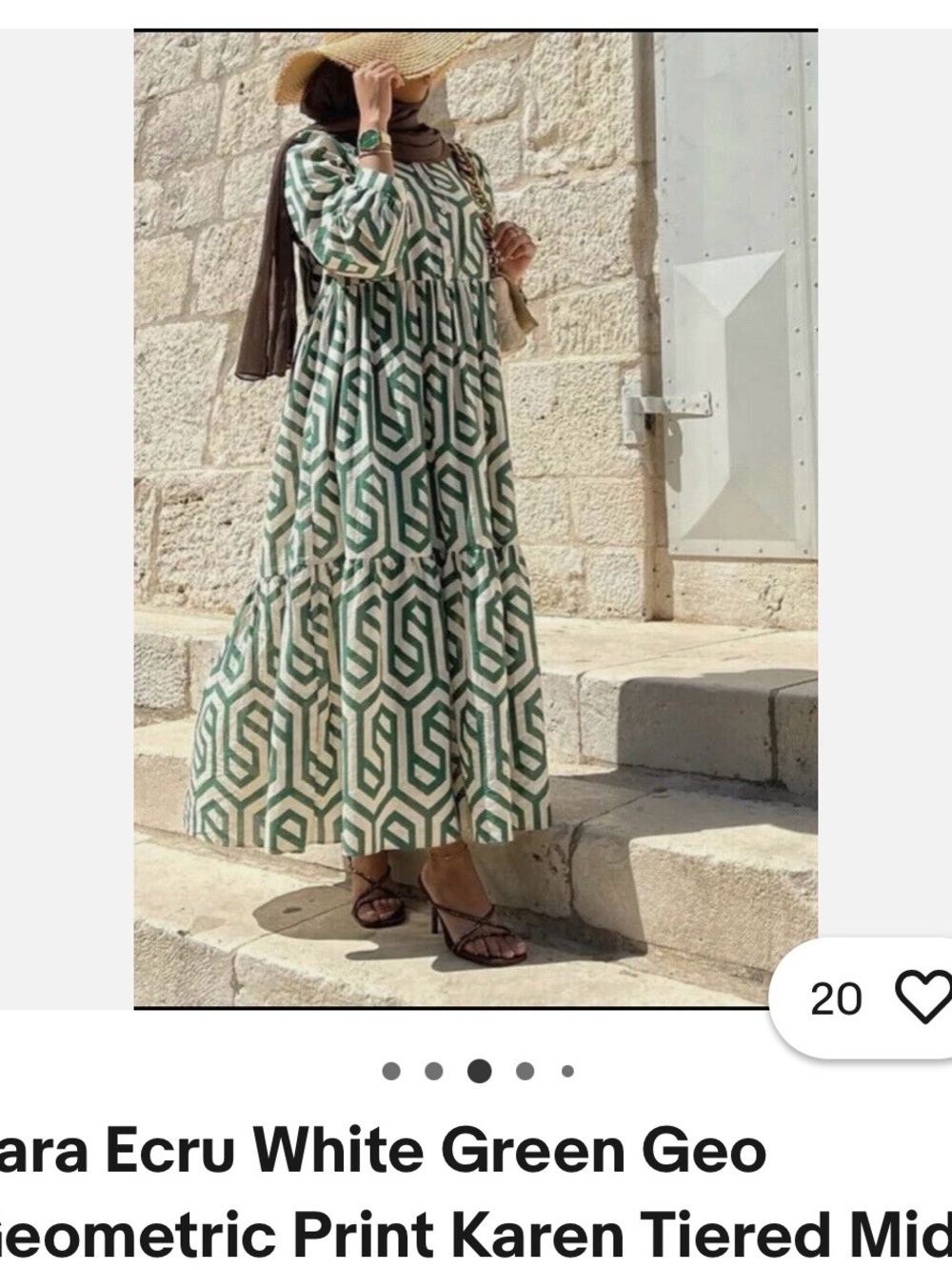 Zara Ecru, White and Green Geometric Tiered Maxi Dress